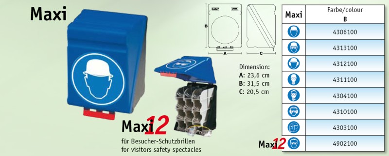 Pojemniki pudełka do przechowywania artykuł ochrony osobistej BHP SecuBox maxi oraz SecuBox maxi12 - wymiary i oznaczenia do poszczególnych znaków nakazu 
